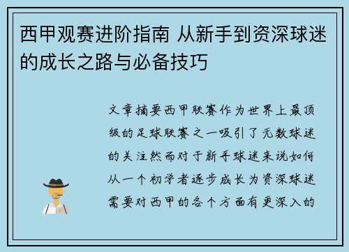 西甲观赛进阶指南 从新手到资深球迷的成长之路与必备技巧