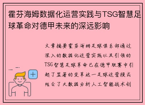 霍芬海姆数据化运营实践与TSG智慧足球革命对德甲未来的深远影响