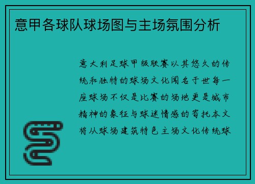 意甲各球队球场图与主场氛围分析