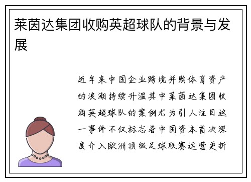 莱茵达集团收购英超球队的背景与发展