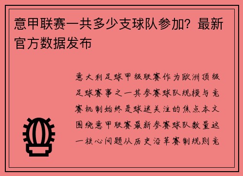 意甲联赛一共多少支球队参加？最新官方数据发布